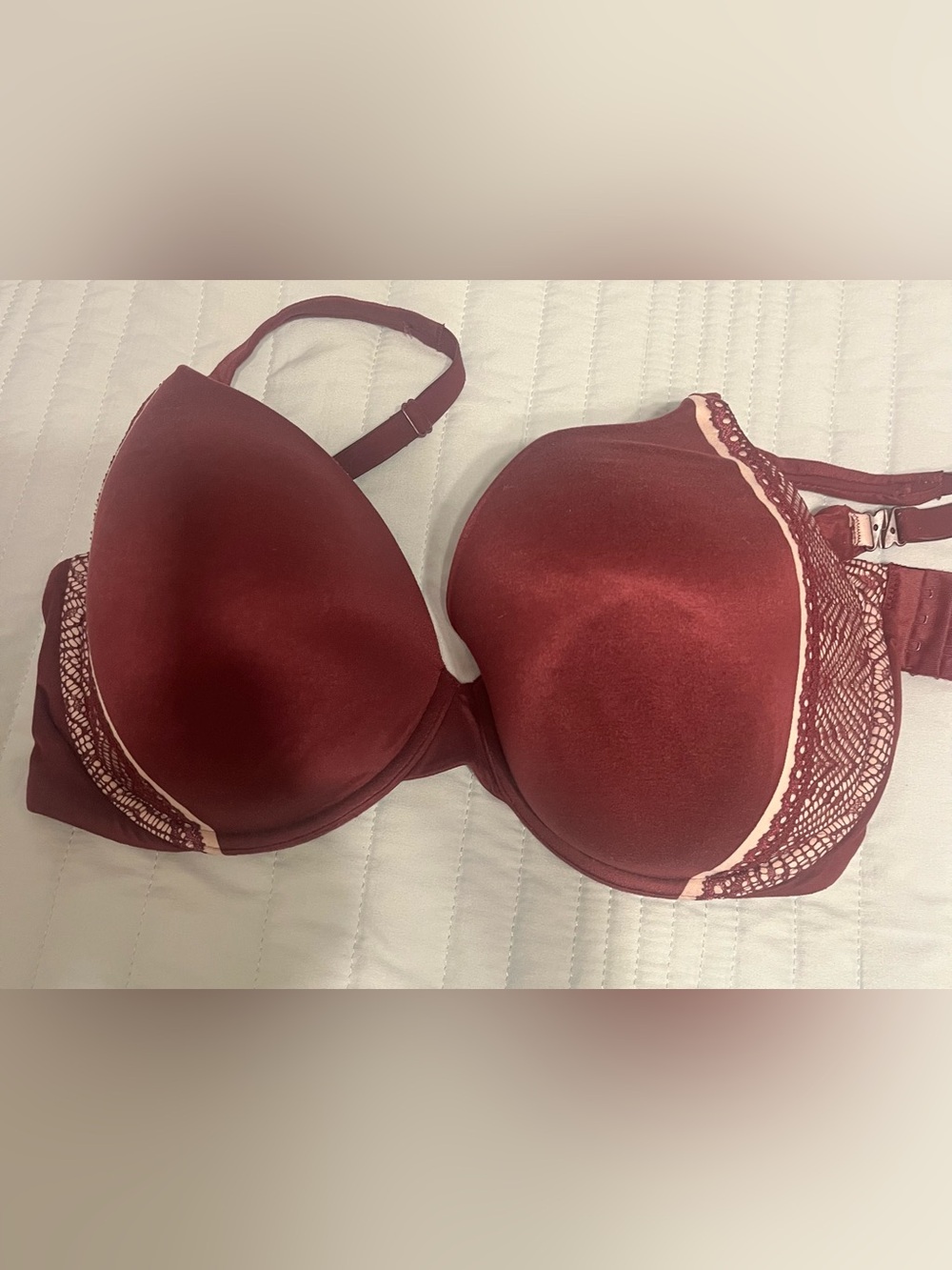 Victoria's Secret Satin Plunge Bra in Wine Red with Lace Trim- 36DDDD